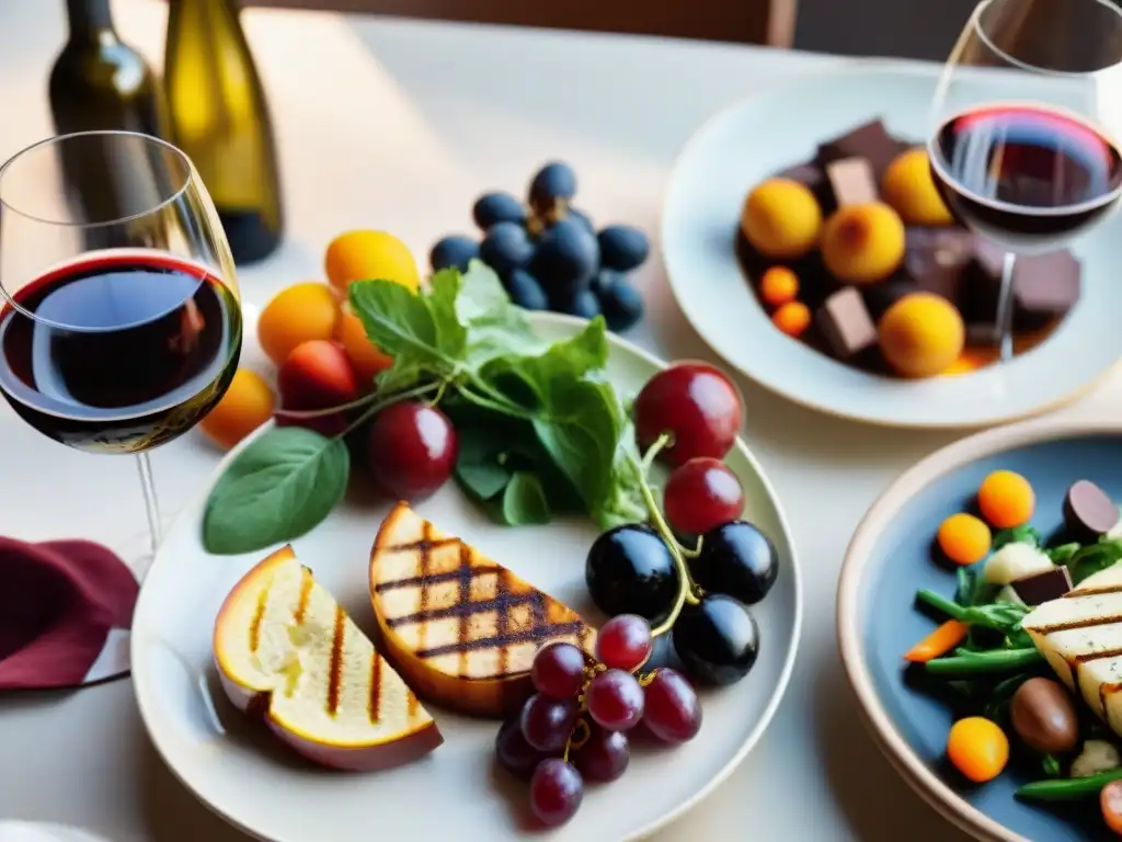 Una mesa exquisitamente decorada con una selección de vinos sin gluten innovadores y platillos coloridos, maridaje perfecto