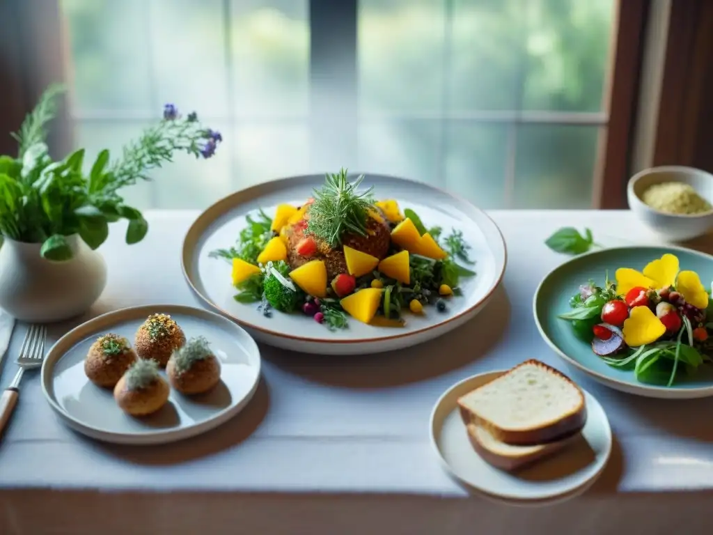 Una mesa bellamente decorada con una variedad de coloridos platos sin gluten, rodeada de hierbas y flores frescas, iluminada por la luz natural