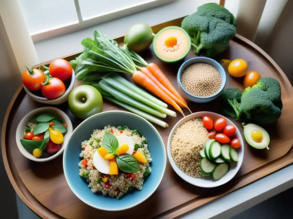 Una mesa bellamente decorada con una variedad de frutas y verduras coloridas, granos enteros y proteínas magras, destacando la frescura y la salud