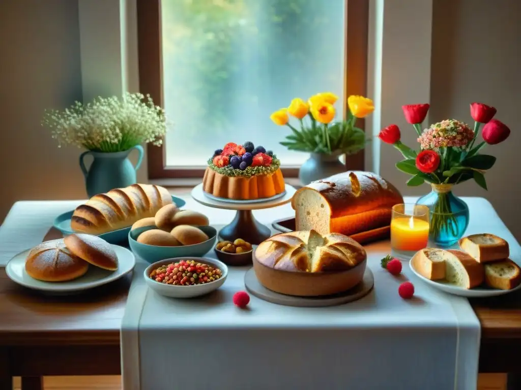 Una mesa bellamente decorada con una variedad de panes y pasteles sin gluten de las mejores marcas importadas