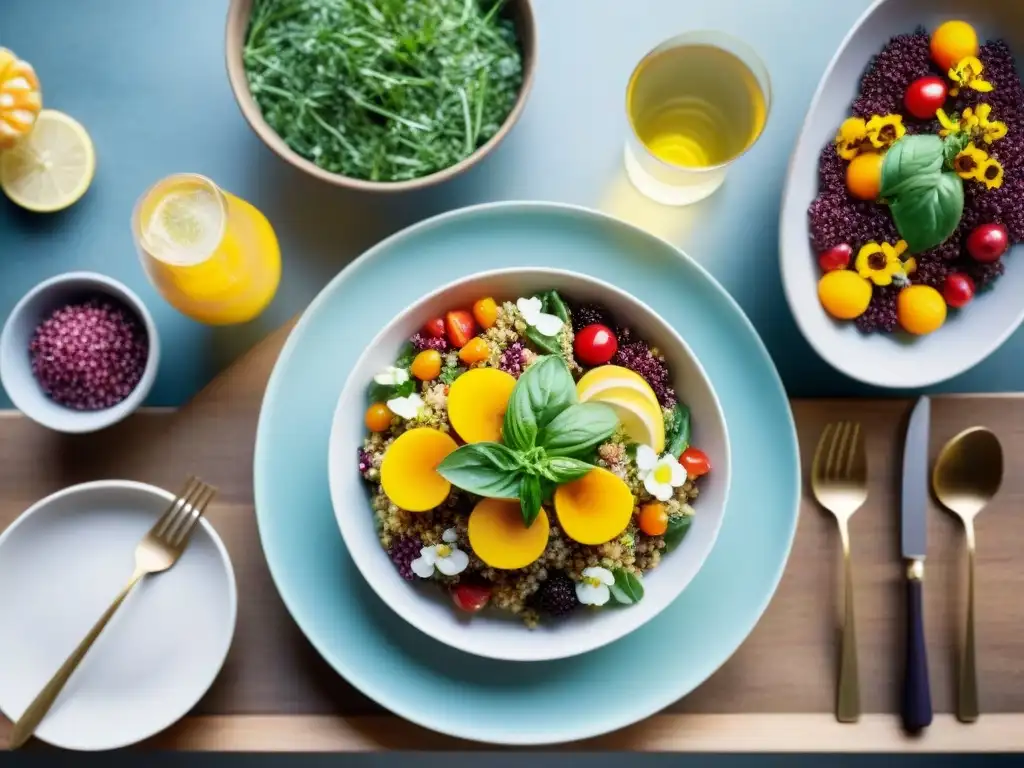 Una mesa bellamente decorada con una variedad de vibrantes platos sin gluten estacionales innovadores