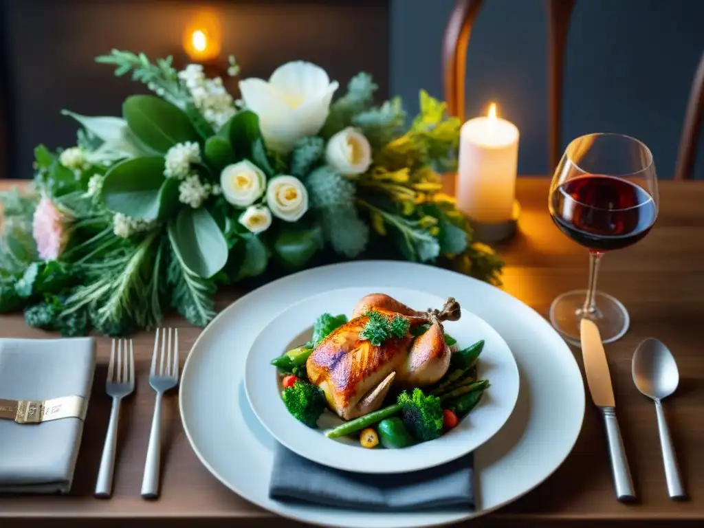 Una mesa elegantemente decorada con vinos sin gluten para menú y exquisitos platillos en ambiente cálido