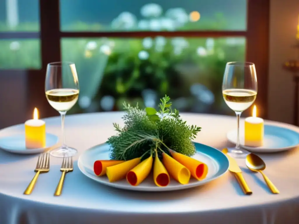 Una mesa elegantemente decorada con vinos y platos sin gluten, rodeada de hierbas frescas y flores vibrantes