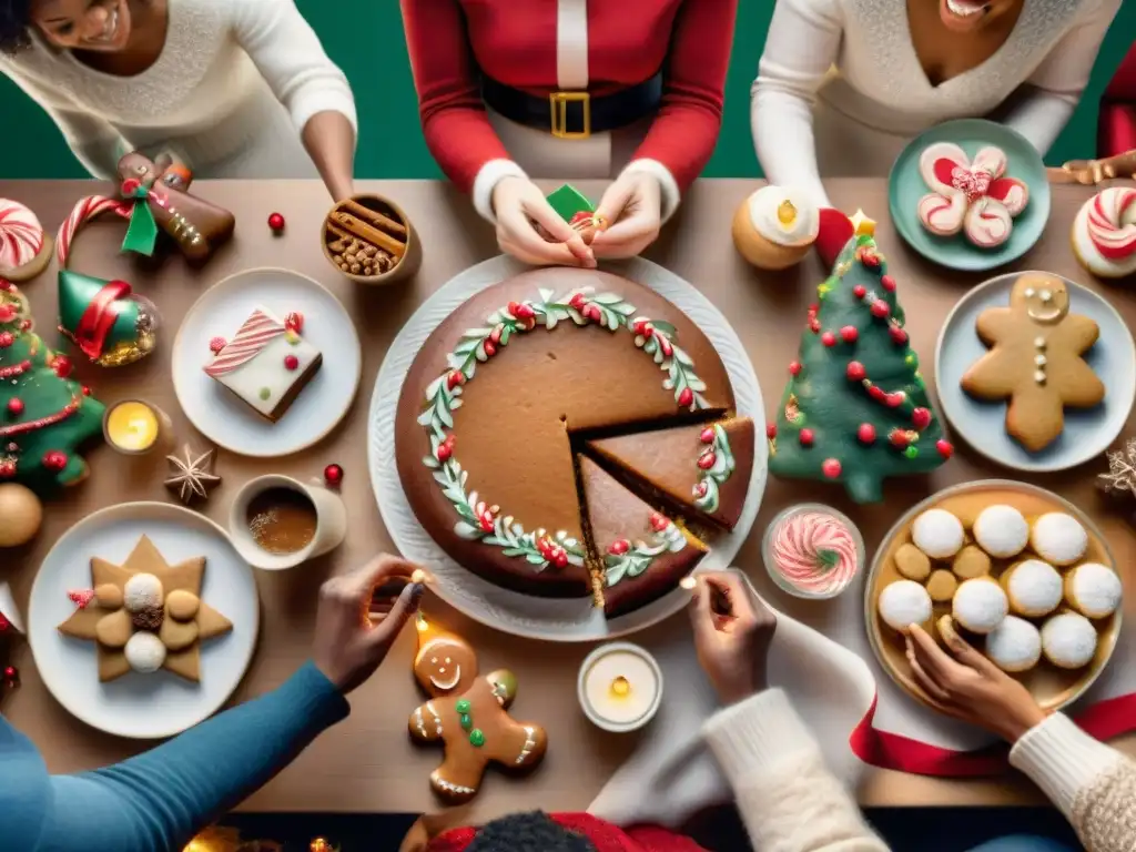 Una mesa navideña con deliciosas recetas sin gluten, rodeada de personas sonrientes y felices