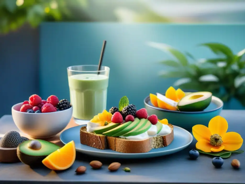 Una mesa de desayuno al aire libre con opciones saludables sin gluten como frutas frescas, chía y smoothie