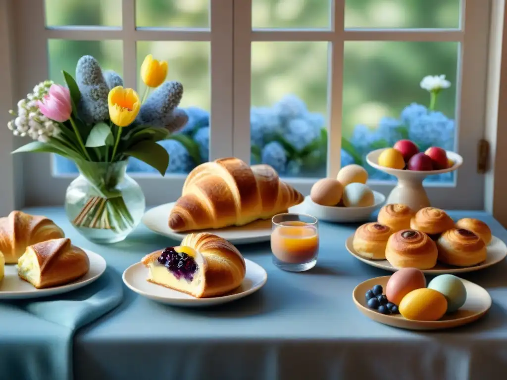 Una mesa de desayuno de Pascua sin gluten con croissants, scones de arándanos, rolls de canela, frutas frescas, mermeladas artesanales, café y té