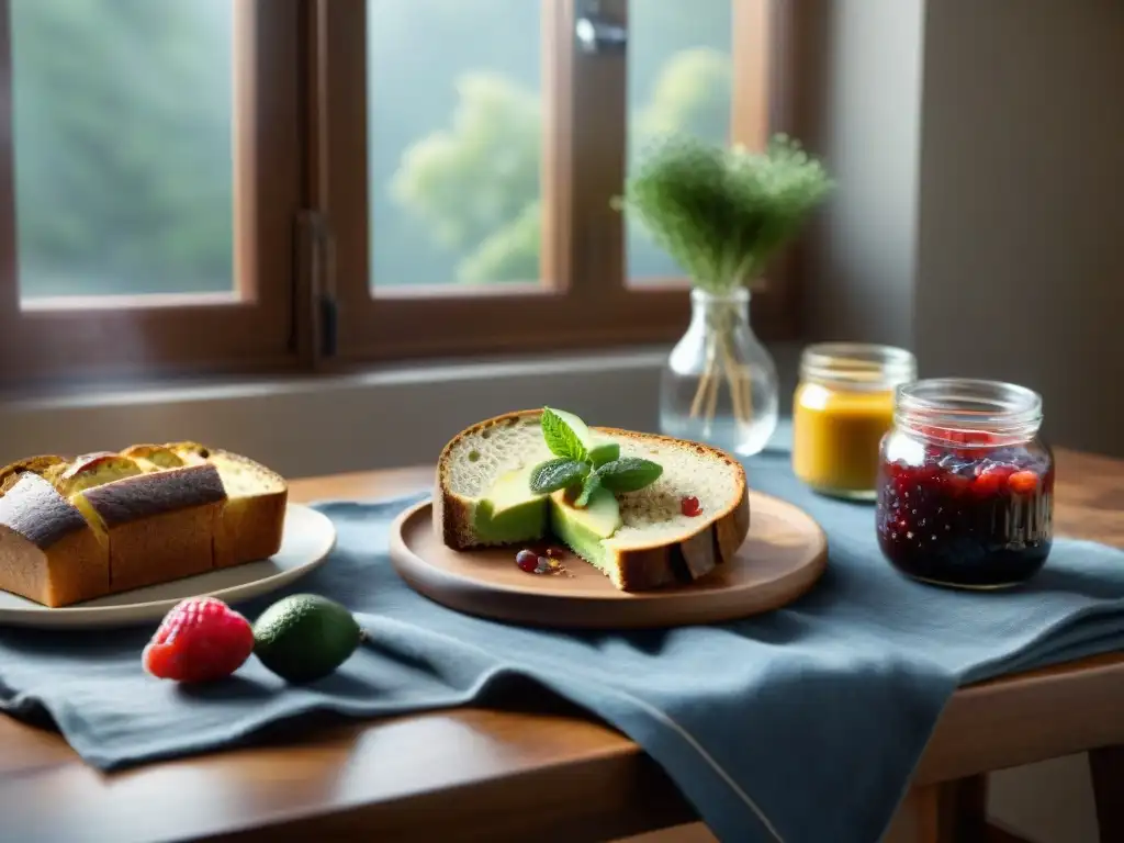 Una mesa de desayuno con pan sin gluten y deliciosos acompañamientos, bajo la cálida luz de la mañana