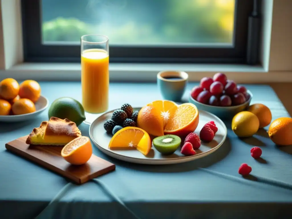 Una mesa de desayuno exquisitamente preparada con opciones sin gluten deliciosas, como frutas, pasteles y café