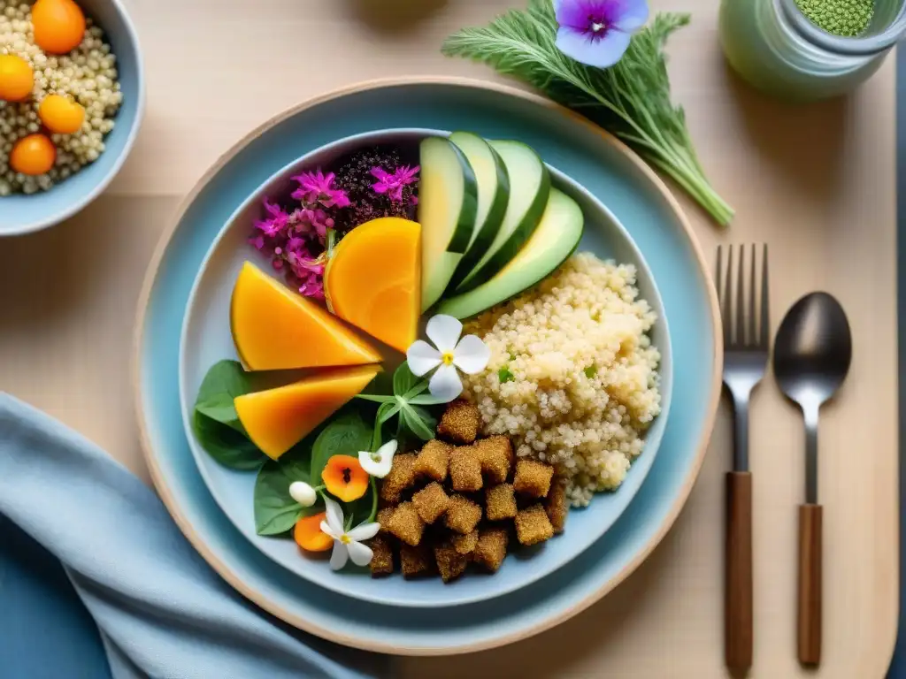 Una mesa elegantemente dispuesta con platos coloridos y vibrantes sin gluten para bienestar, en platos de madera rústica