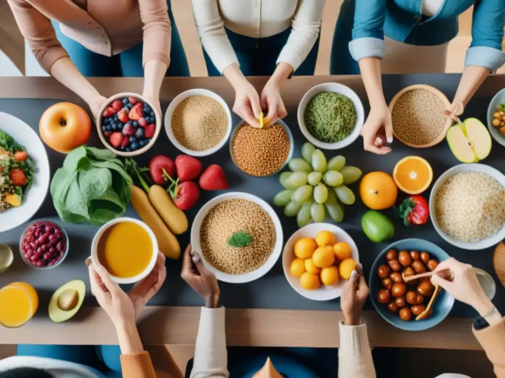 Una mesa diversa y acogedora con deliciosos platos sin gluten, reflejando una alimentación sin gluten inclusiva y diversa