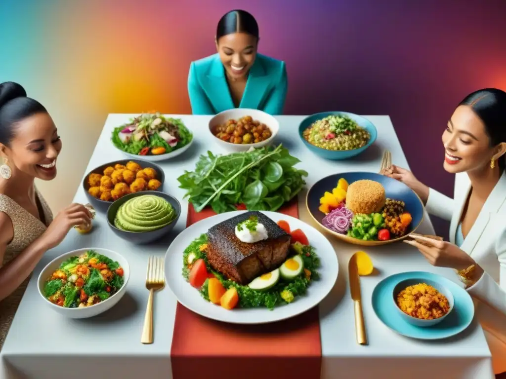 Una mesa diversa y colorida llena de platos sin gluten, donde personas de distintas culturas conversan animadamente