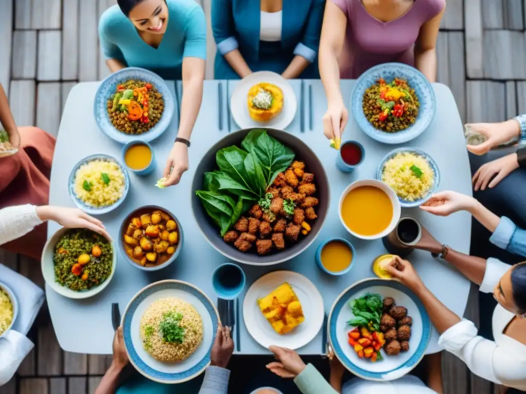 Una mesa diversa y colorida con personas de diferentes culturas disfrutando de una deliciosa comida sin gluten, uniendo testimonios y culturas