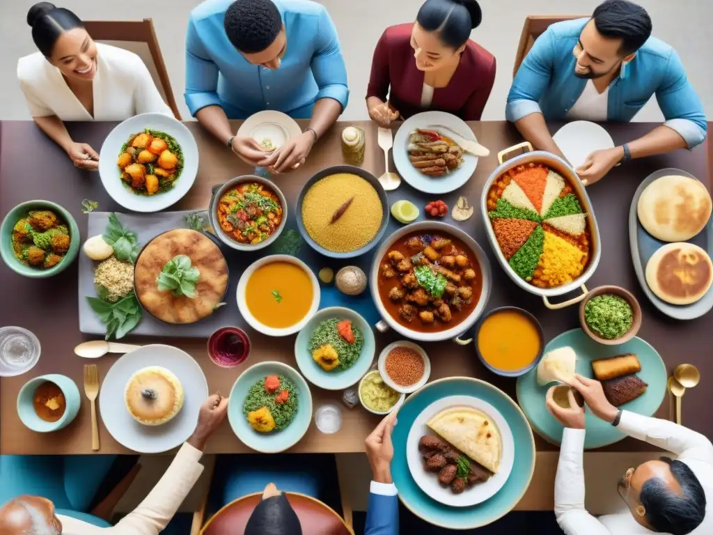 Una mesa diversa con comida sin gluten de todo el mundo, uniendo culturas y personas en un ambiente cálido y festivo