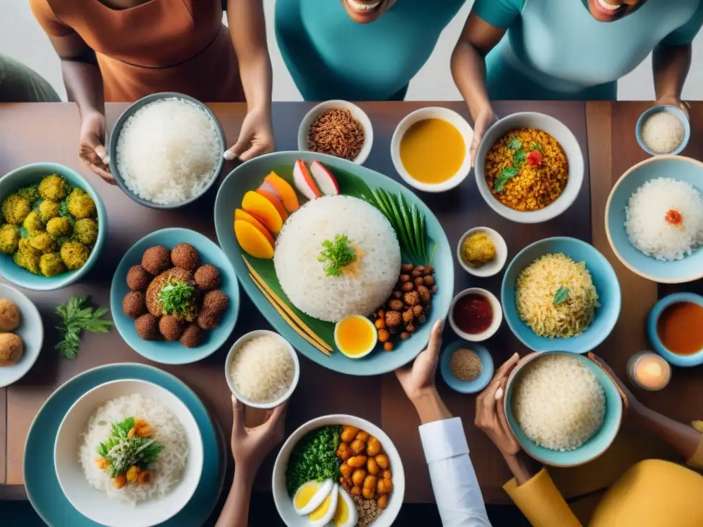 Una mesa diversa y festiva con platos de arroz sin gluten, uniendo culturas en una escena culinaria rica y variada