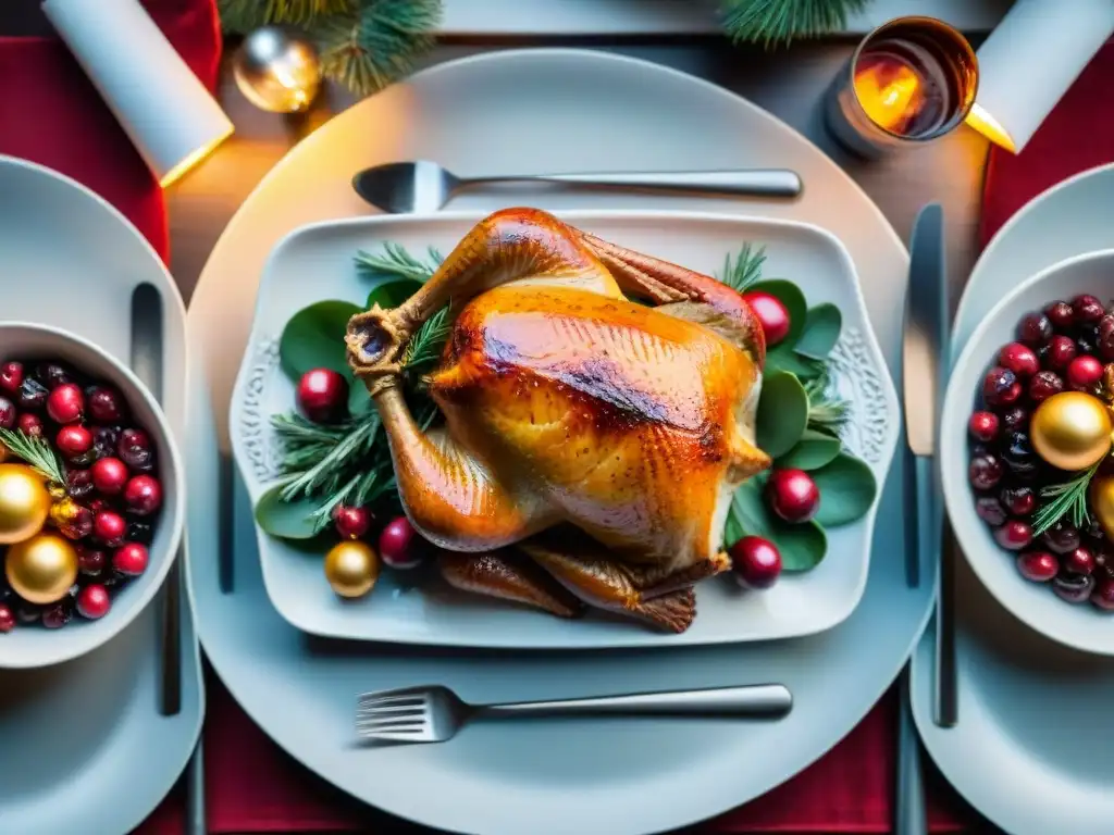 Una mesa navideña elegante y acogedora con recetas navidad sin gluten completas, rodeada de luces y decoraciones festivas