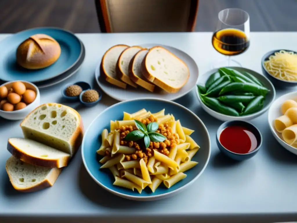 Engañoso gluten: Detalles de una mesa repleta de alimentos Mesa elegante con alimentos trampa para enfermedad celíaca en detalle