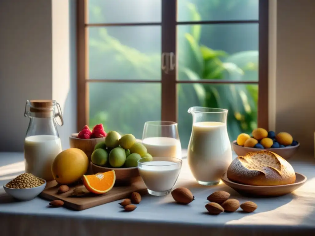 Una mesa elegante con alternativas de leche sin gluten rodeada de frutas frescas, nueces y pan artesanal, bañada en luz natural