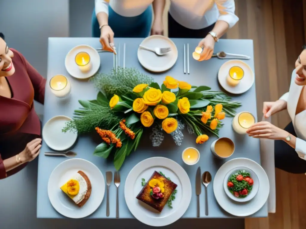 Una mesa elegante con amigos disfrutando de una comida sin gluten