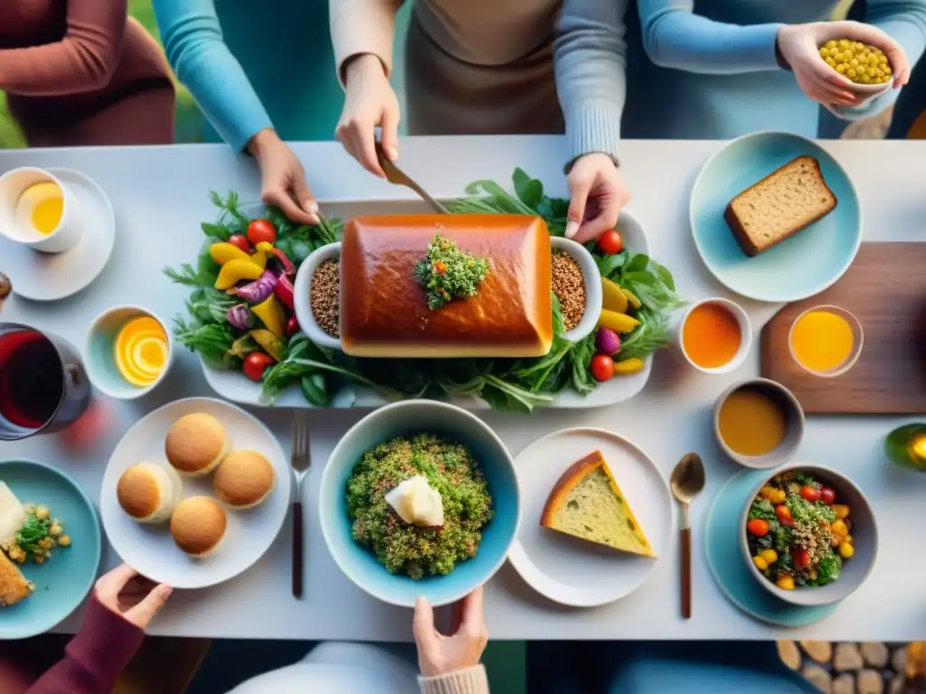 Una mesa elegante de amigos disfrutando de una comida sin gluten, creando una atmósfera cálida y acogedora