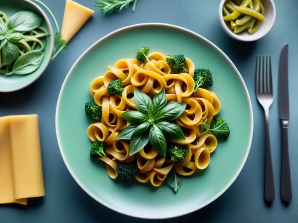 Una mesa elegante con auténtica pasta vegana sin gluten en vajilla italiana, rodeada de hierbas y verduras frescas