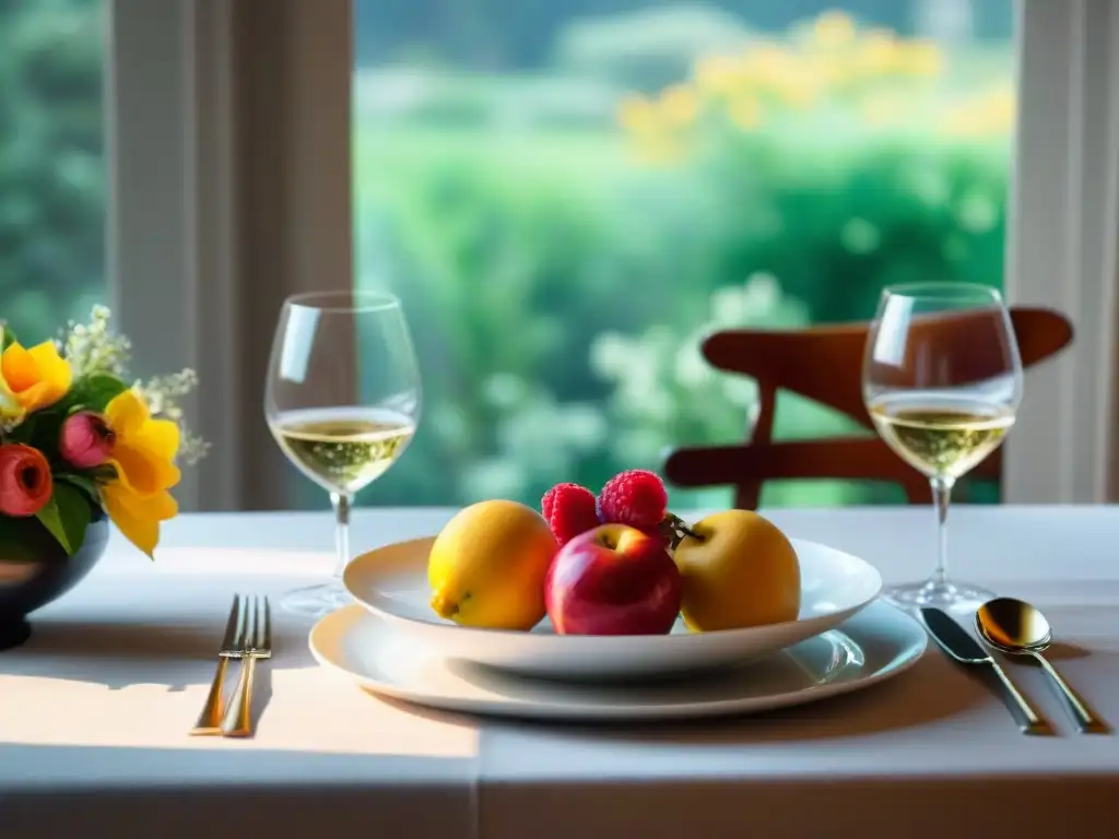 Una mesa elegante para una cena libre de gluten con vajilla blanca, cubiertos de plata, copas de cristal, flores y frutas