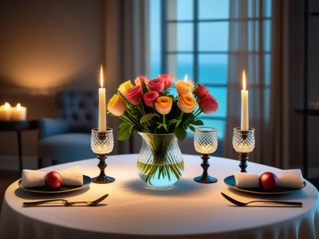 Una mesa elegante para una cena romántica sin gluten, con velas y flores frescas