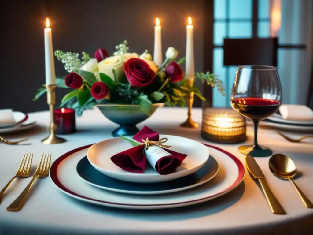 Una mesa elegante para una cena romántica sin gluten, con vino tinto, velas y flores frescas