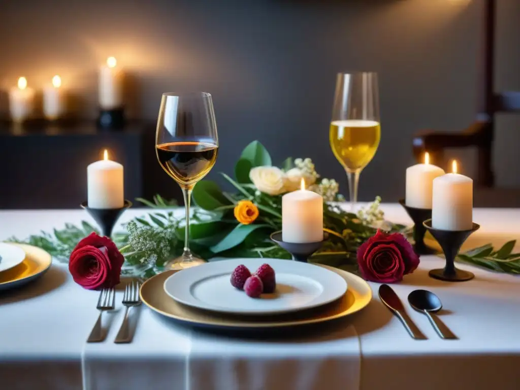 Una mesa elegante para cena romántica sin gluten, con vinos y platillos gourmet, velas y flores, creando una atmósfera especial