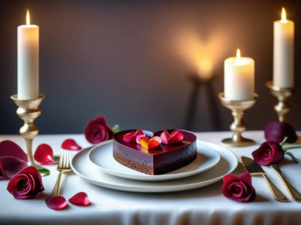 Una mesa elegante para una cena romántica de San Valentín sin gluten, con ensalada de remolacha en forma de corazón, pastel de chocolate sin harina y champagne con pétalos de rosa, iluminada por velas