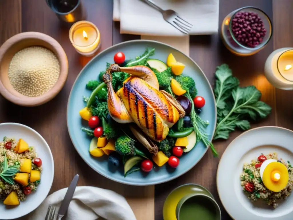 Una mesa elegante y colorida llena de deliciosas recetas sin gluten fáciles, rodeada de flores frescas y velas encendidas