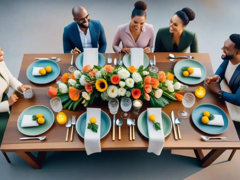 Una mesa elegante con comida sin gluten, rodeada de personas sonrientes en animada conversación