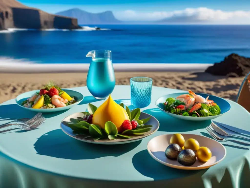 Una mesa elegante con comida sin gluten en la playa de Tenerife, rodeada de mar y sol