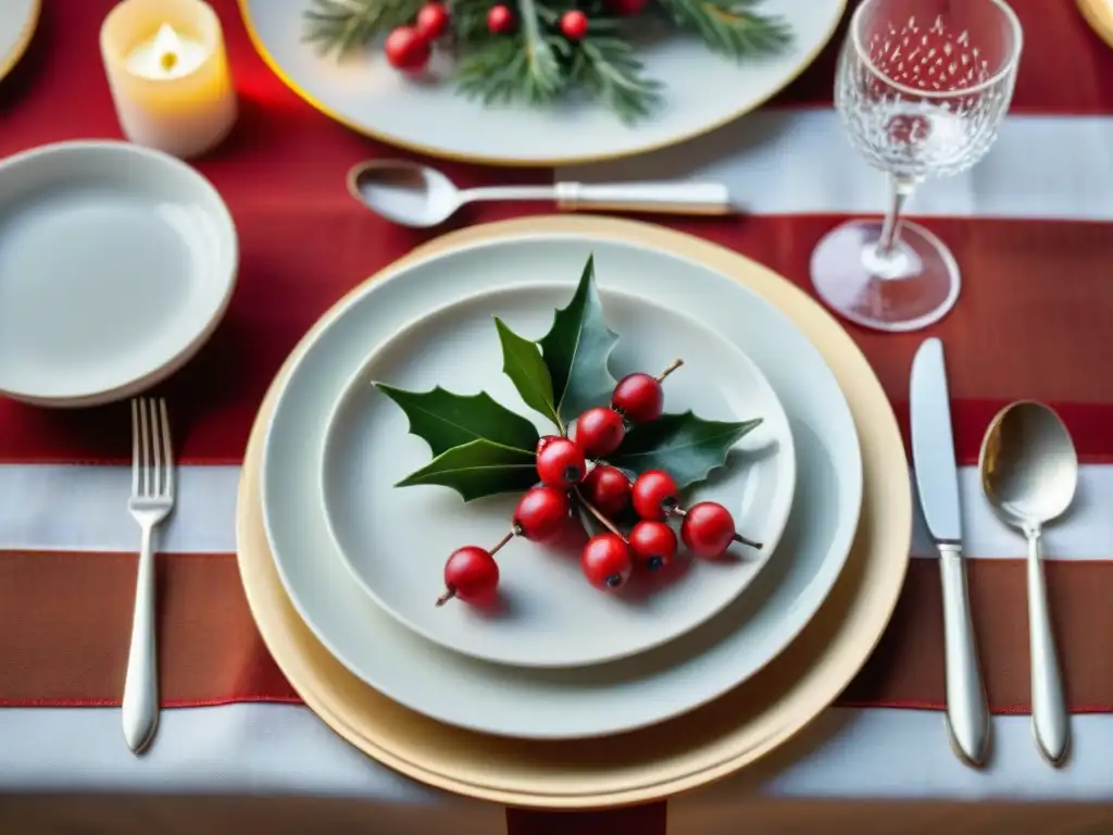 Una mesa navideña elegante con cubiertos de plata, copas de cristal y decoraciones festivas, lista para una cena navideña sin gluten