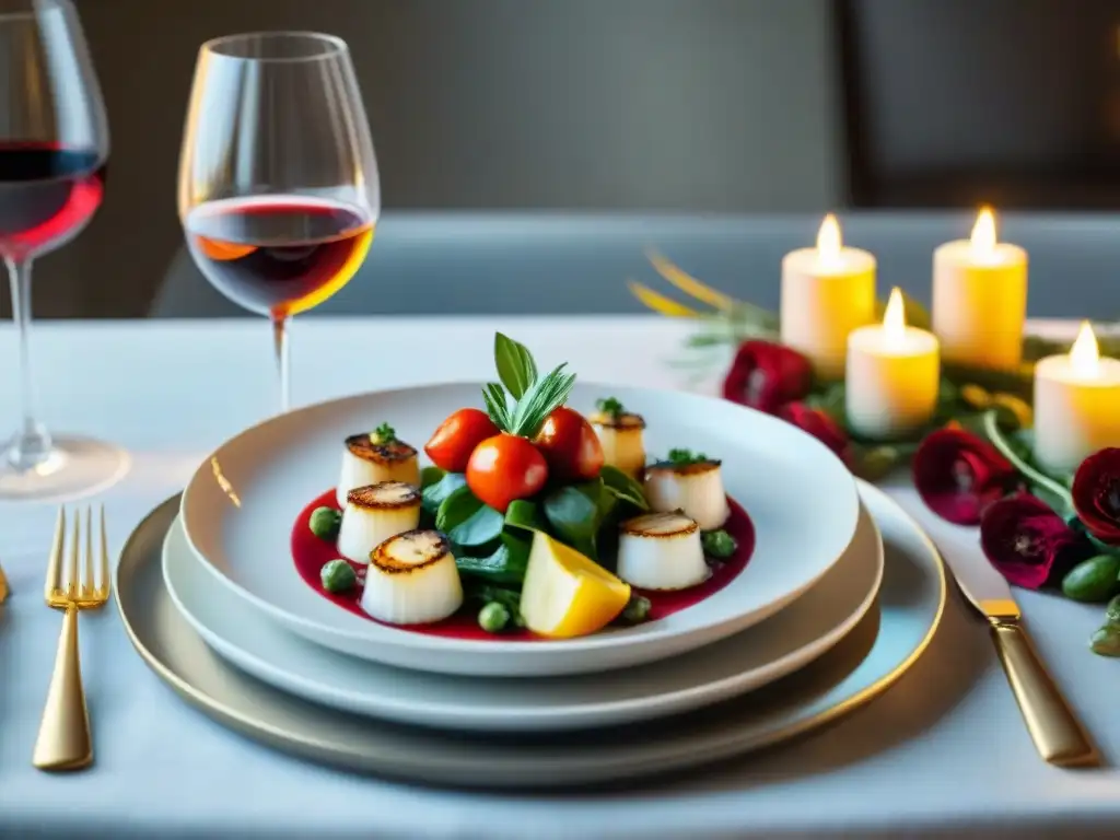 Una mesa elegante decorada con maridajes de vino sin gluten en un ambiente lujoso