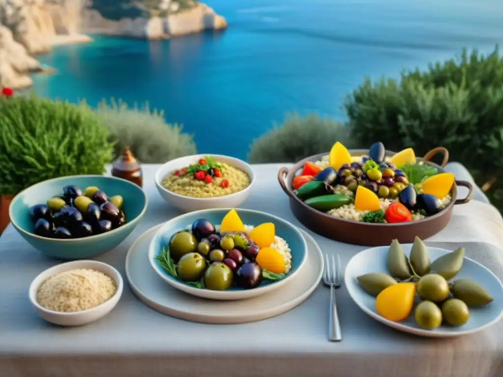 Una mesa elegante con delicias mediterráneas sin gluten, frente al mar, captura la esencia de la Dieta mediterránea sin gluten