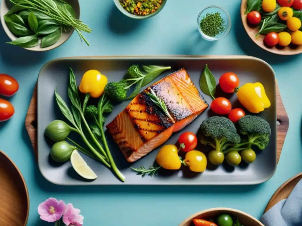 Una mesa elegante con deliciosas recetas sin gluten ingredientes orgánicos, como salmón a la parrilla y pimientos rellenos de quinoa