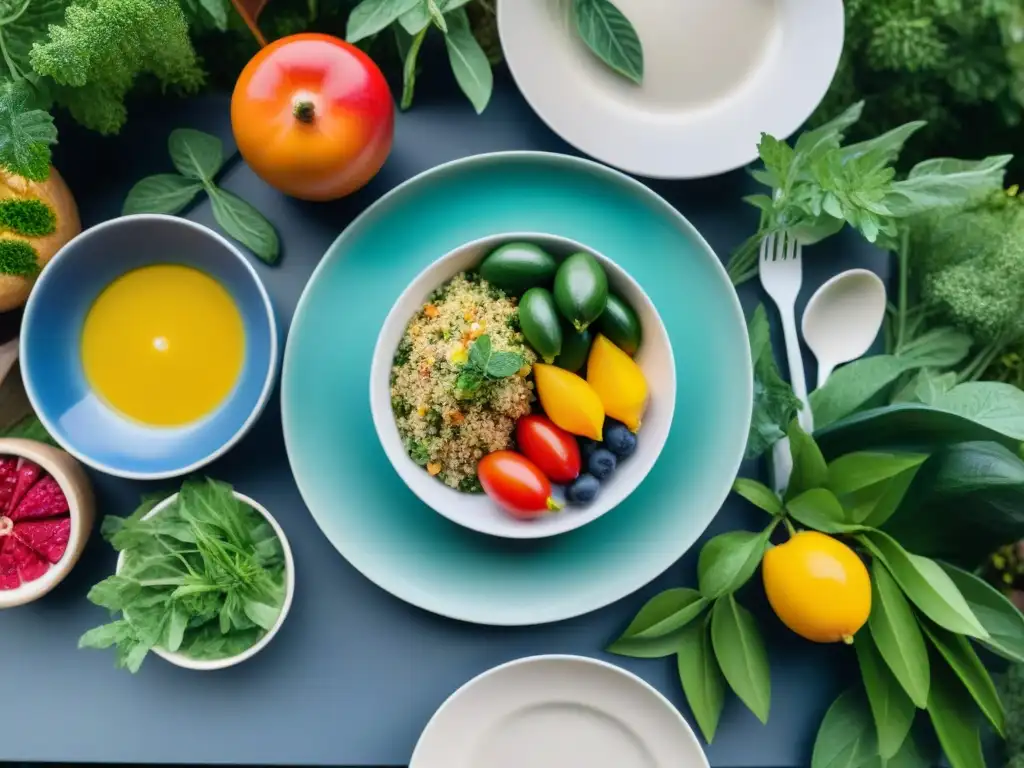 Una mesa elegante con deliciosos platillos sin gluten en un jardín, evocando frescura y bienestar