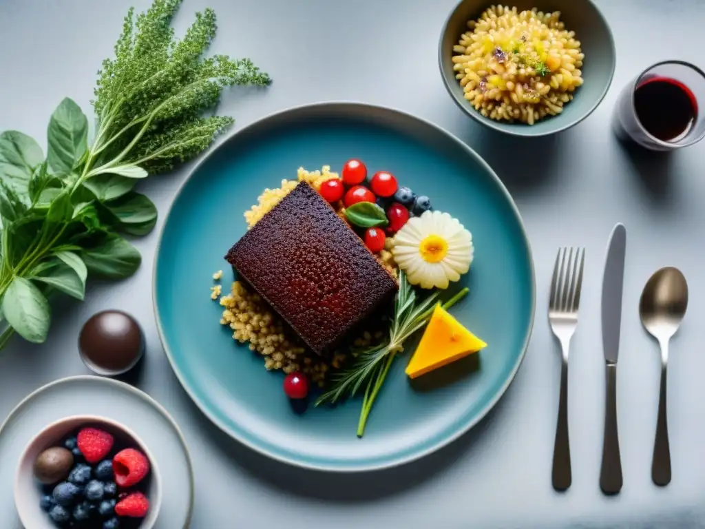 Una mesa elegante con deliciosos platillos libres de alérgenos, como quinoa, vegetales asados, pasta sin gluten y pastel de chocolate sin lácteos