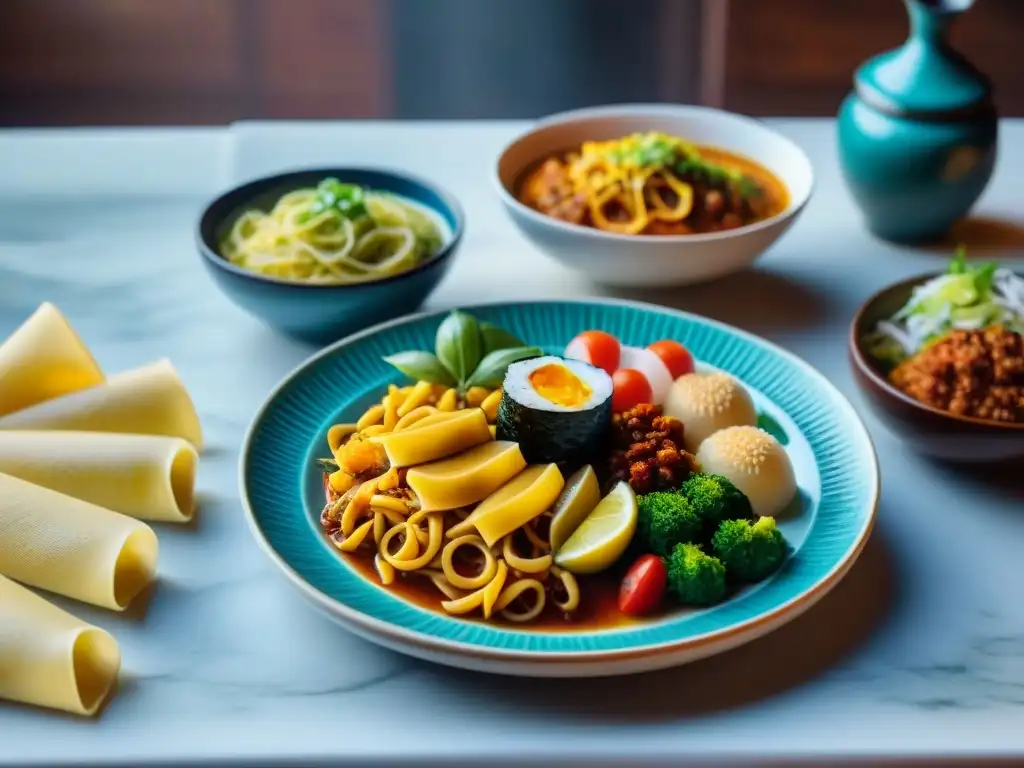 Una mesa elegante y diversa con platos clásicos sin gluten deliciosos de todo el mundo