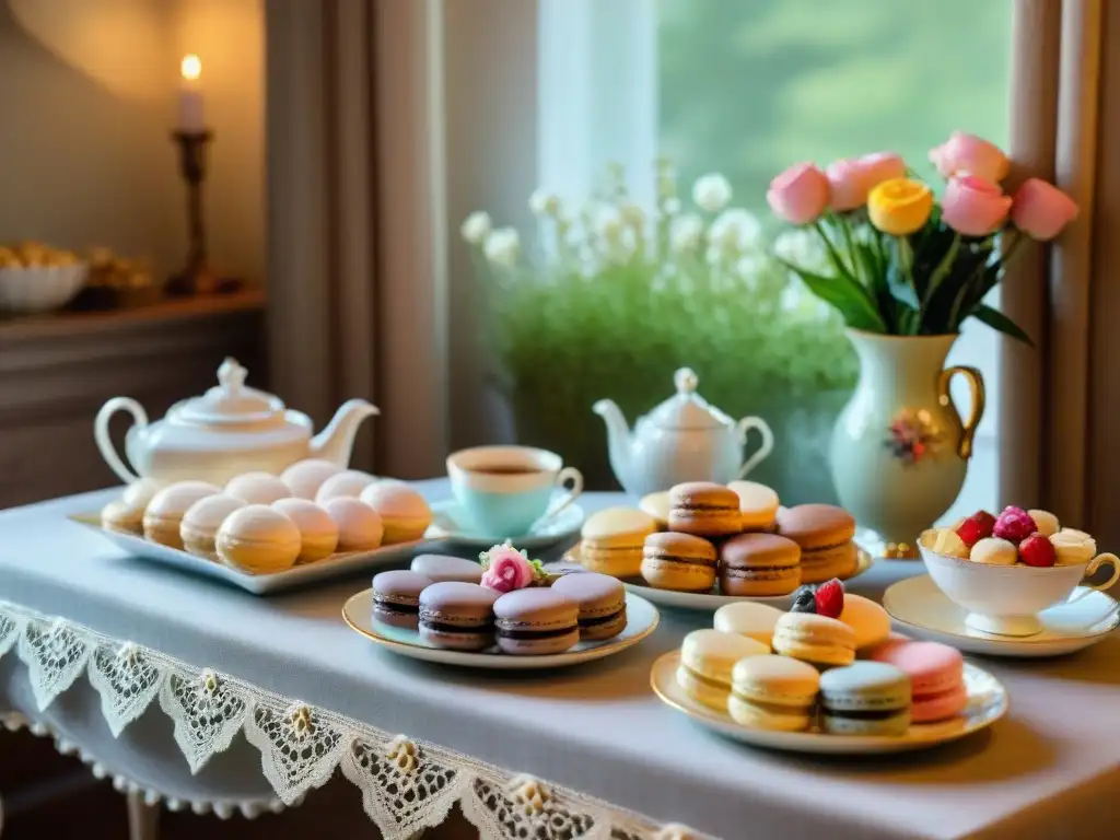 Una mesa de té elegante con dulces sin gluten: macarons, cupcakes y scones, decorada con porcelana vintage y flores frescas