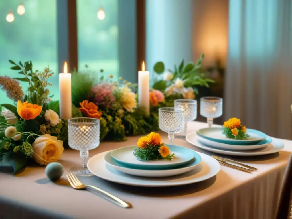 Una mesa elegante para eventos familiares sin gluten, con exquisitos platos y decoración floral en tonos pasteles