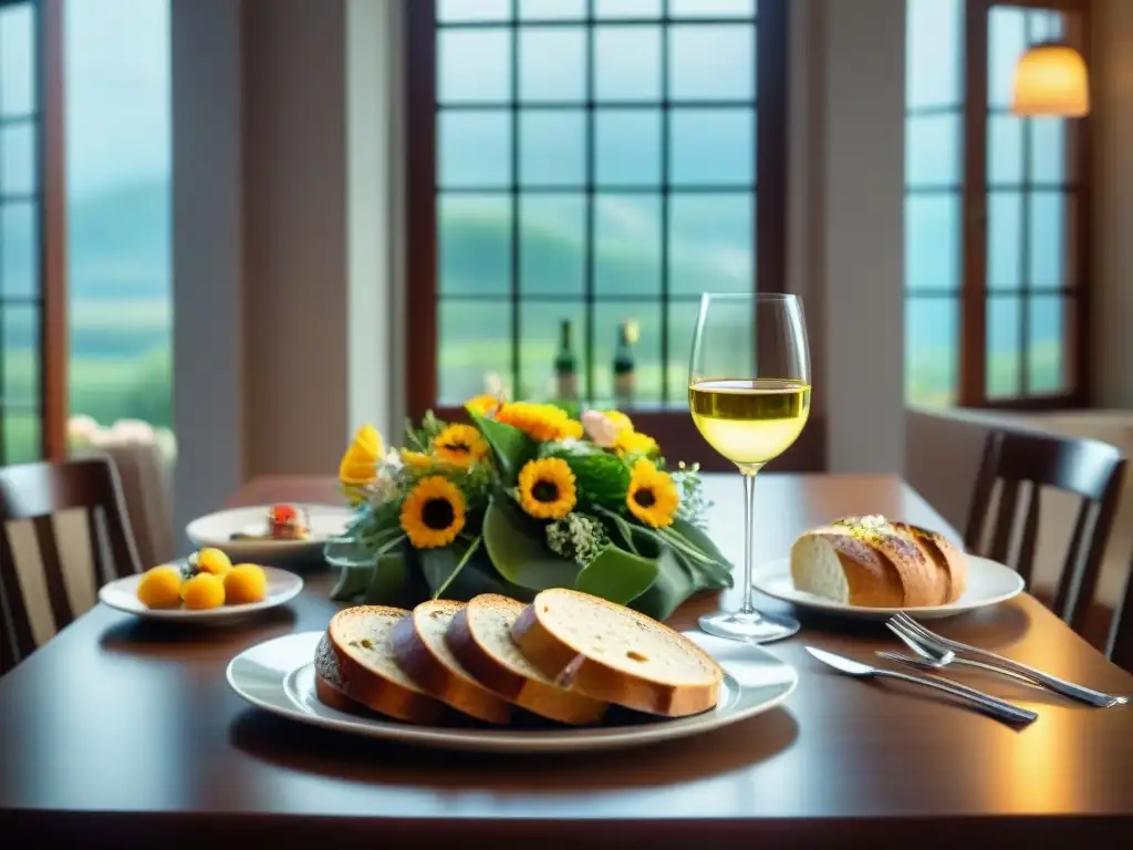 Una mesa elegante con exquisitas combinaciones de vino y comida sin gluten, creando una atmósfera sofisticada