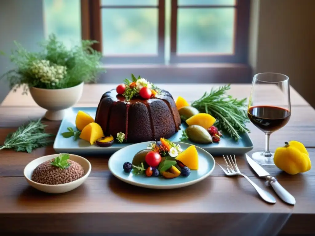 Una mesa elegante con exquisitas recetas sin gluten fáciles y rápidas, como ensalada de quinua, pollo a las hierbas y pastel de chocolate sin harina