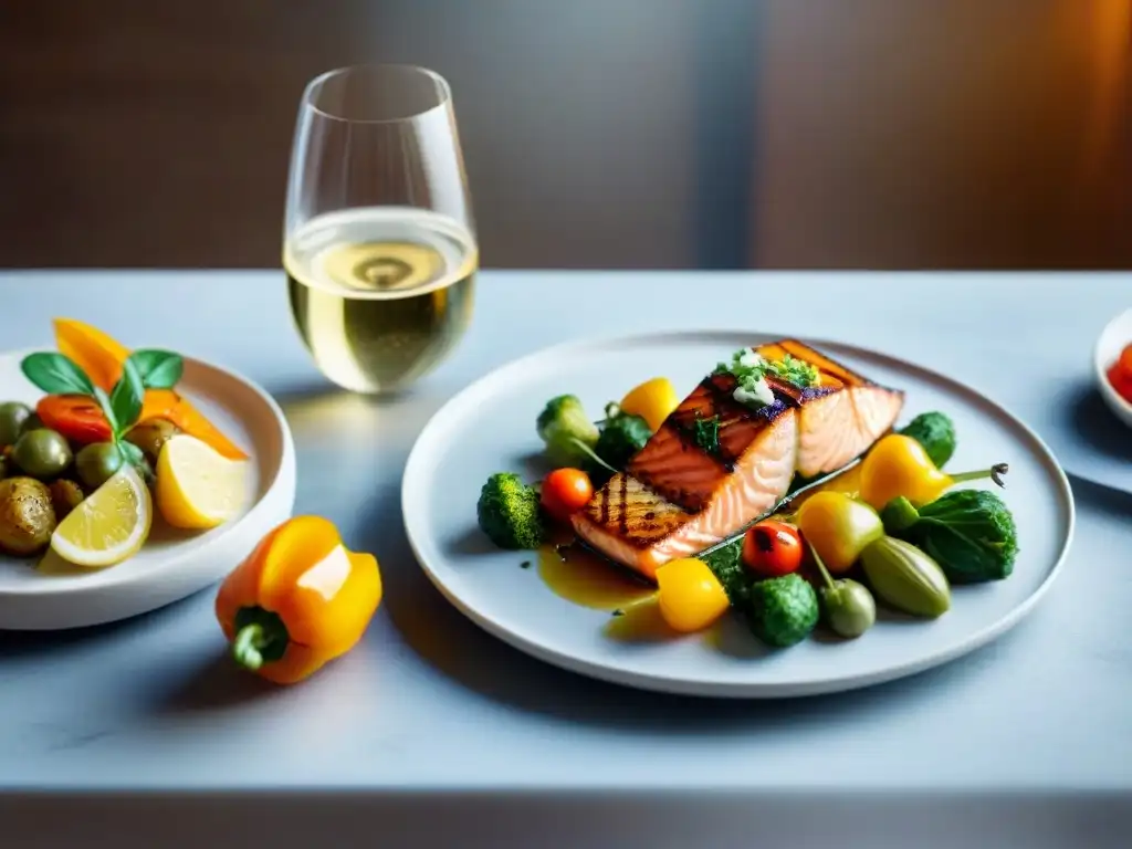 Exquisita mesa de cena con platos sin gluten y vinos blancos Una mesa elegante con exquisitos platillos sin gluten y maridaje de vino blanco y champagne, iluminada con sofisticación