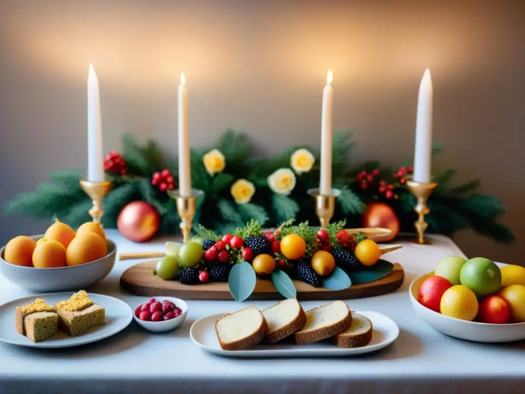Festín sin gluten: Buffet de Año Nuevo elegante y colorido Una mesa elegante y festiva para Año Nuevo sin gluten, con una variedad de deliciosos platillos y decoraciones coloridas