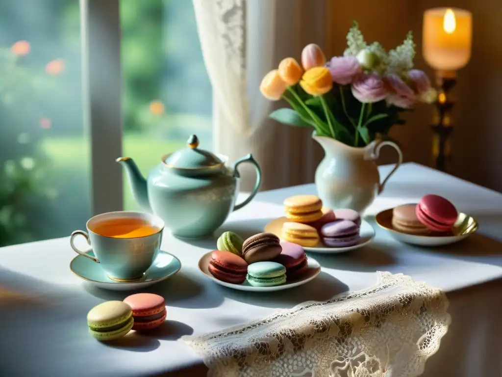 Una mesa de té elegante sin gluten con delicias dulces y saladas, tazas de porcelana y un ambiente refinado bajo la luz de la tarde