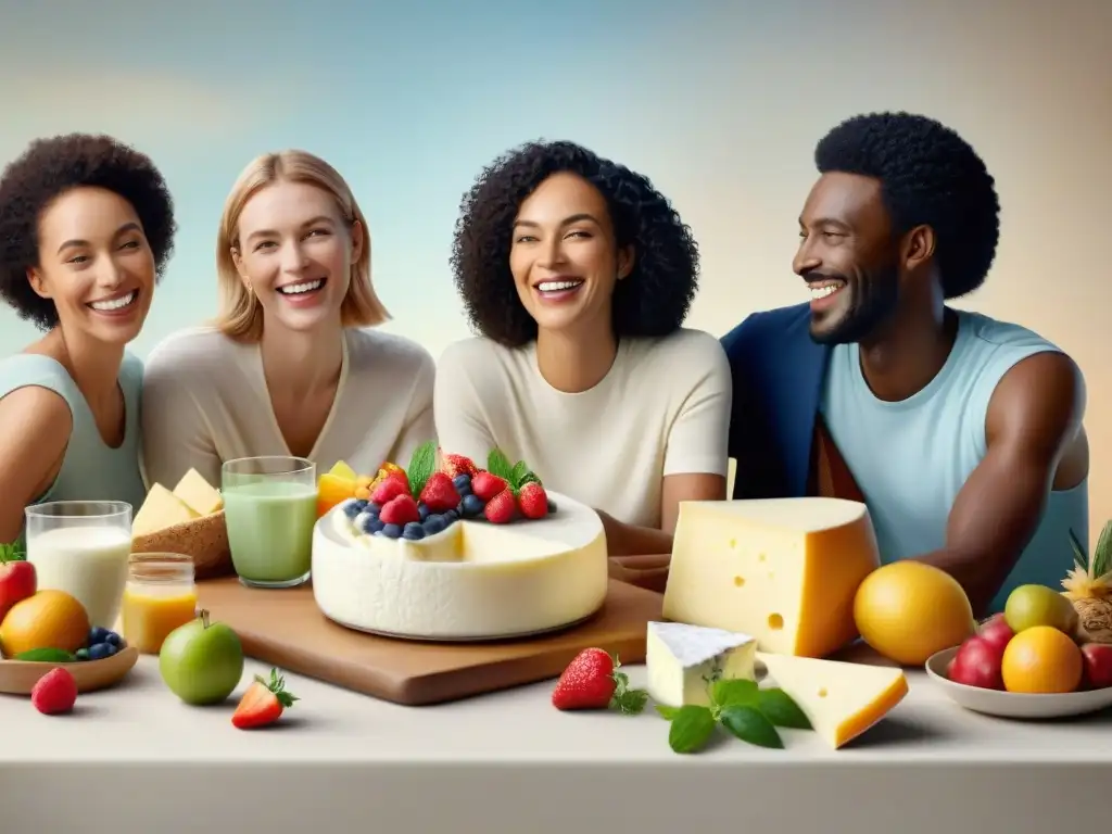 Una mesa elegante con lácteos sin gluten innovadores rodeada de personas sonrientes y conectadas en celebración