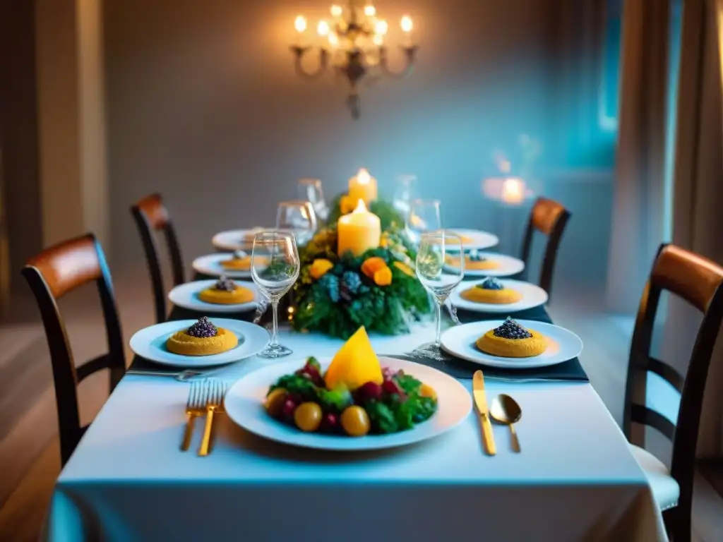 Una mesa elegante lista para una fiesta con menú sin gluten, con platos variados y decoración temática