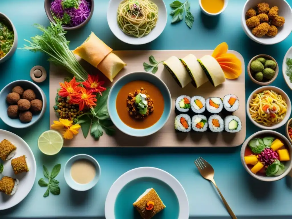 Una mesa elegante llena de coloridas y vibrantes recetas veganas sin gluten innovadoras de diferentes culturas