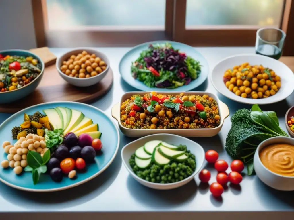 Una mesa elegante llena de deliciosos platos veganos sin gluten para una semana de recetas saludables